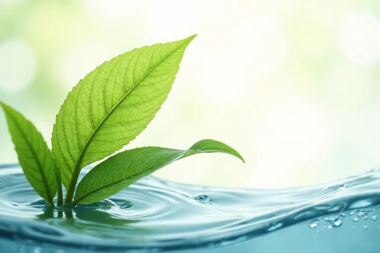 Image illustrating Purelyvia's philosophy of nature and science. Elements include a vibrant green leaf, a stylized molecular structure, and gentle, flowing water. Clean, modern, and harmonious design.