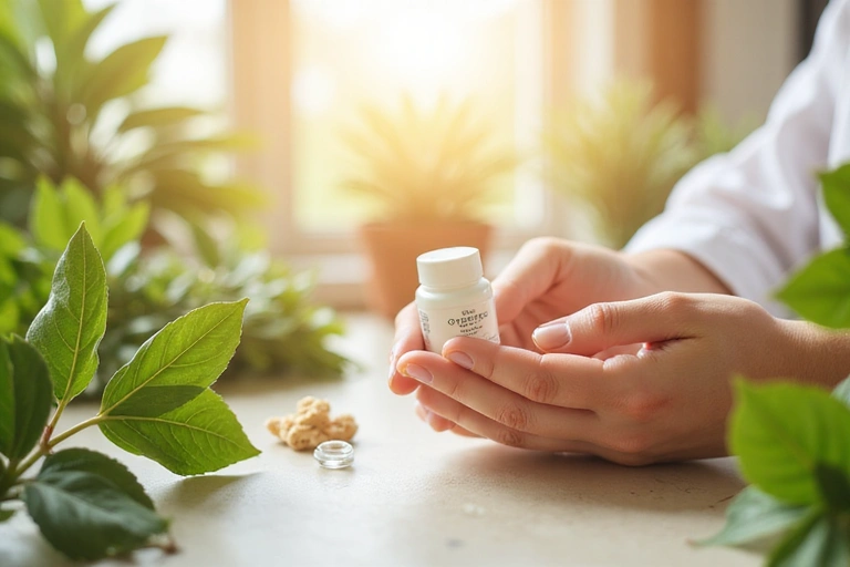 Image depicting the foundational values of Purelyvia: natural ingredients, scientific research, and community support. Soft, warm lighting, elements like a plant, a microscope, and hands holding a product, abstract and harmonious.
