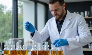 Scientist in a clean lab setting examining natural extracts, symbolizing quality control